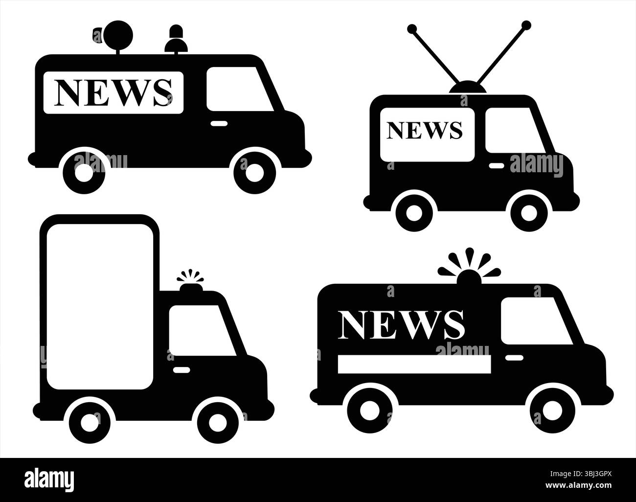 Set silhouette di News e Media Vans dotato di antenne e Sirene per Mobile Broadcasting, rapporti di emergenza ed eventi di copertura in tempo reale Illustrazione Vettoriale