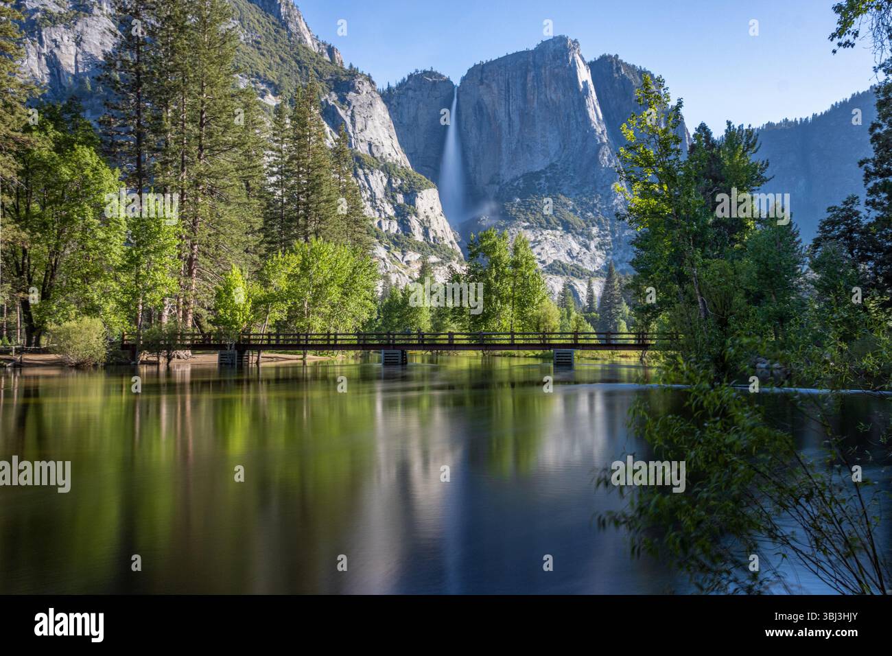 All'inizio dell'estate nel parco nazionale di Yosemite, troverai verdi ovunque, splendide cascate e un fiume Merced quasi traboccante. Foto Stock