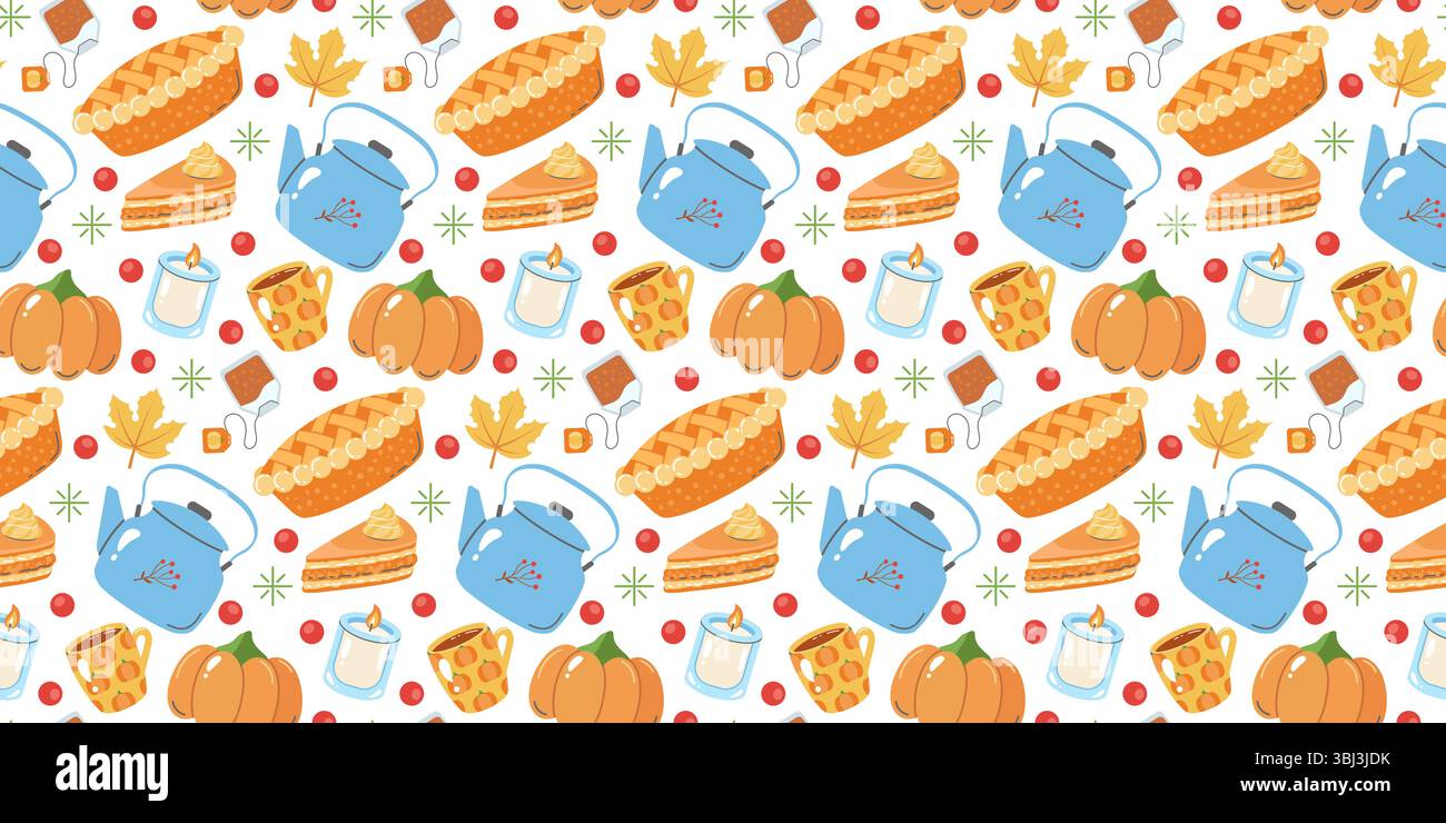 Simpatico motivo autunnale senza cuciture con zucche, teiere, fette di torta, candele e foglie autunnali. Perfetto per design stagionali, articoli di cancelleria, o. Illustrazione Vettoriale