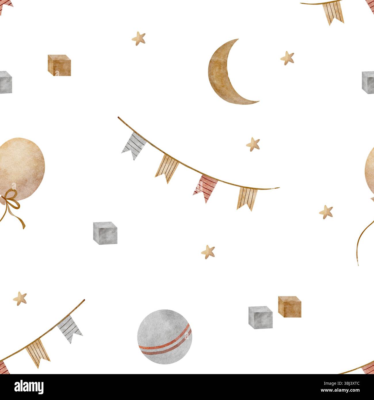 Illustrazione ad acquerello bandiere di ghirlande, cubi di palloncino, stelle di luna beige. Giocattoli vintage disegnati a mano nello stile dei bambini. Stampa senza cuciture su bianco Foto Stock