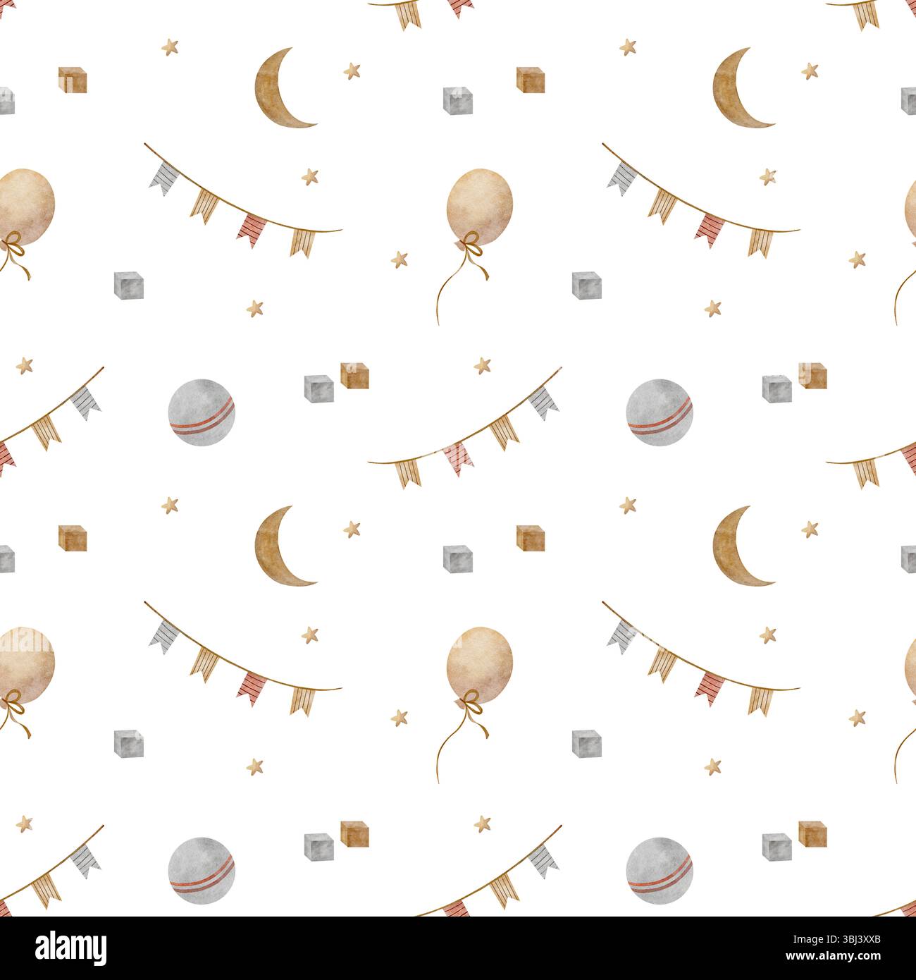 ghirlande di bandiere con motivo senza cuciture, cubi di legno a palloncino, stelle di luna beige. Illustrazione ad acquerello disegnata a mano in stile per bambini su sfondo bianco Foto Stock