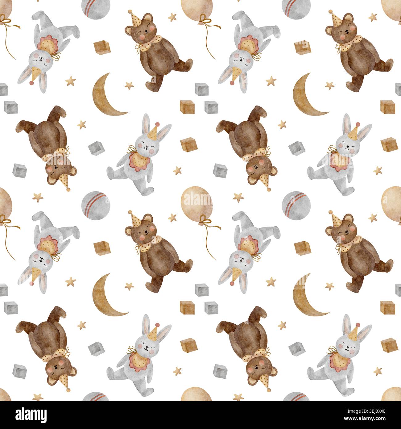 Giocattoli vintage senza cuciture coniglio, orsacchiotto, luna, stelle, cubi di legno, sfera. Illustrazione ad acquerello di animali disegnati a mano su sfondo bianco Foto Stock