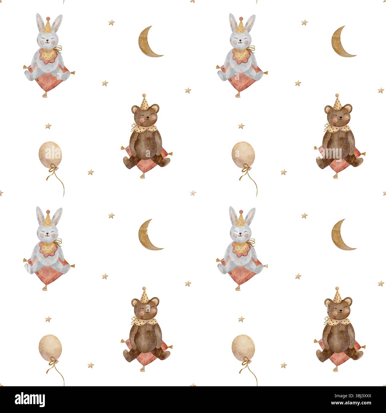 Lepre vintage, coniglio, orso con motivo senza cuciture in un cappellino da festa. Illustrazione ad acquerello animali disegnati a mano stile per bambini su sfondo bianco Foto Stock