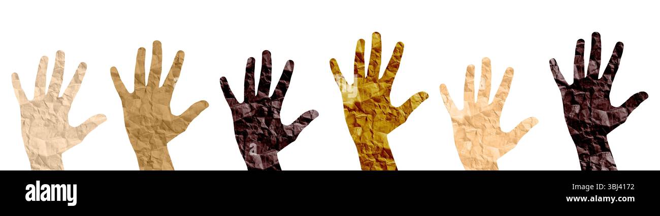 Alzata la mano nel saluto, simboleggiando l'unità e il sostegno. Concetto di lavoro di squadra, amore e cura. Persone che si uniscono in una comunità diversa, Empowe Foto Stock