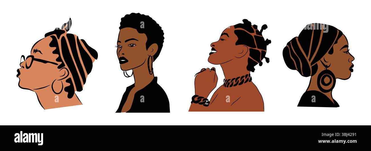Eleganti donne afroamericane ritratti di profilo Illustrazione Vettoriale