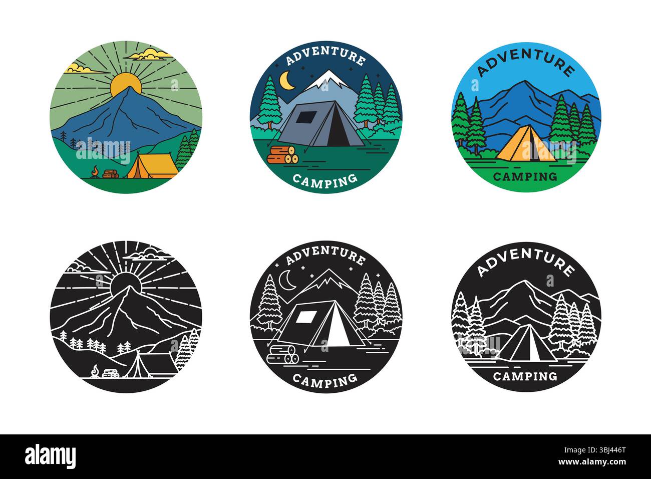 Una serie di icone per l'avventura in campeggio, illustrate in colorate forme d'arte e silhouette moderne. Illustrazione Vettoriale