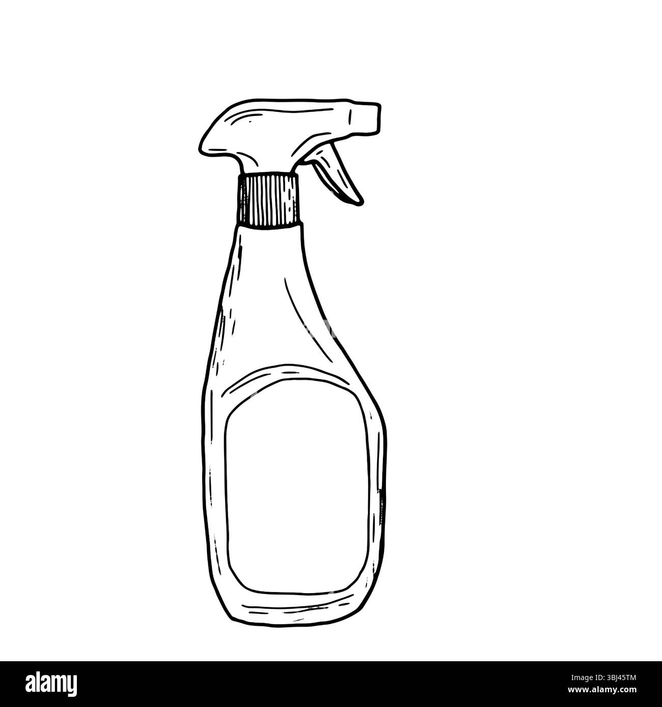 Flacone bianco vuoto per detergente in plastica con tappo spray per la pulizia della casa e dell'ufficio, schizzi in inchiostro bianco e nero. Illustrazione vettoriale. Plas trasparente Illustrazione Vettoriale