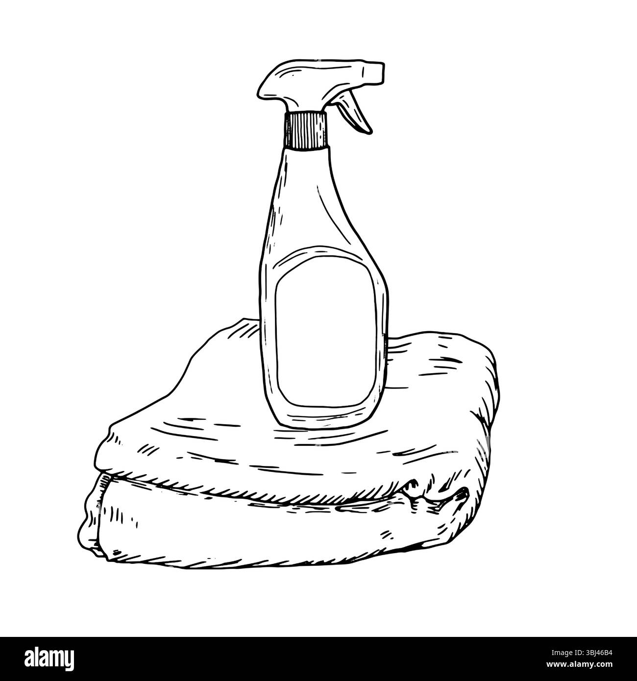 Una bottiglia di detergente in plastica con un tappo spray e un panno per la pulizia per la casa e l'ufficio, uno schizzo con inchiostro bianco e nero. Illustrazione vettoriale. flacone spray Illustrazione Vettoriale
