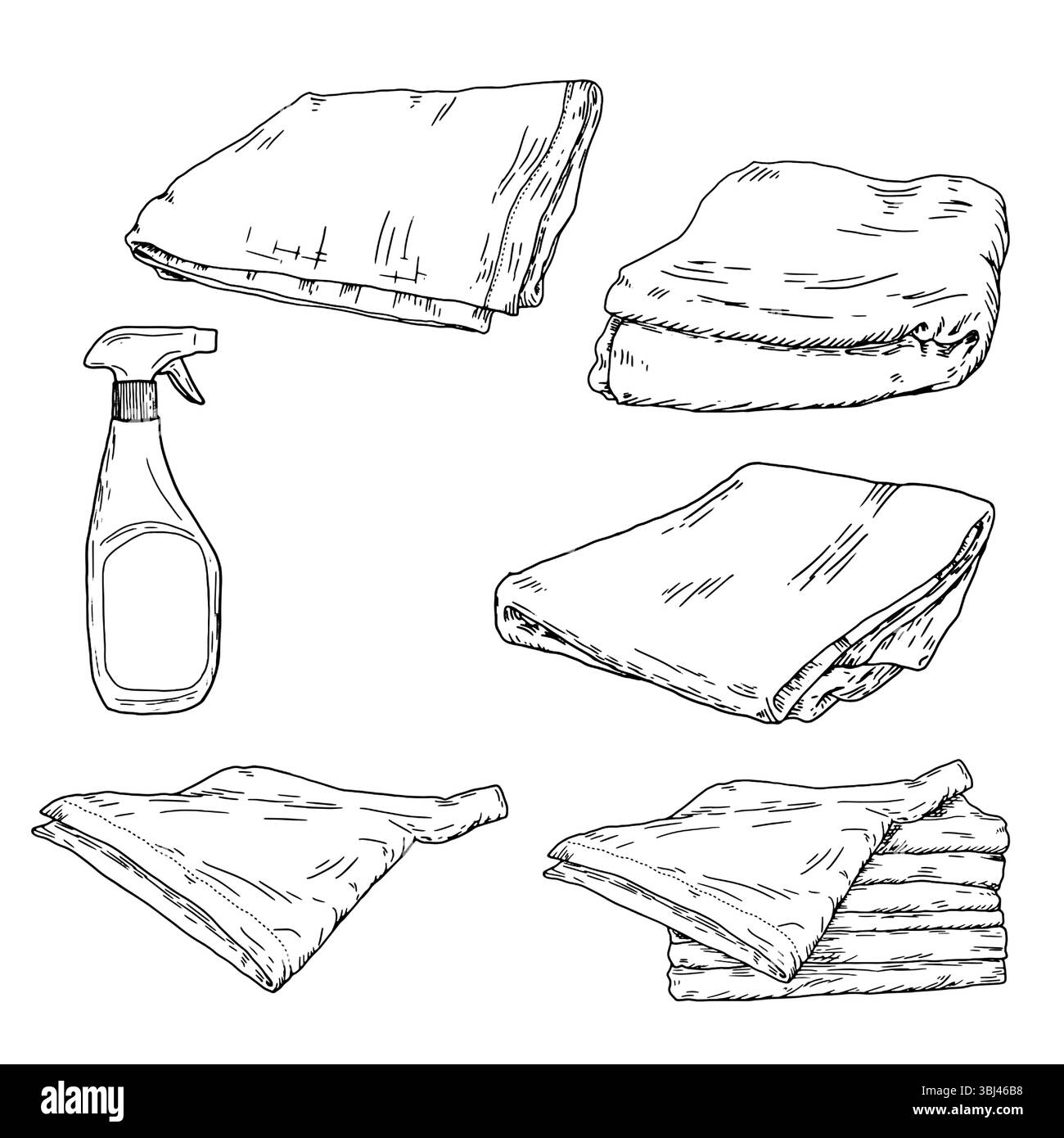 Una bottiglia di detergente in plastica con un tappo spray e un panno per la pulizia per la casa e l'ufficio, uno schizzo con inchiostro bianco e nero. Illustrazione vettoriale. flacone spray Illustrazione Vettoriale