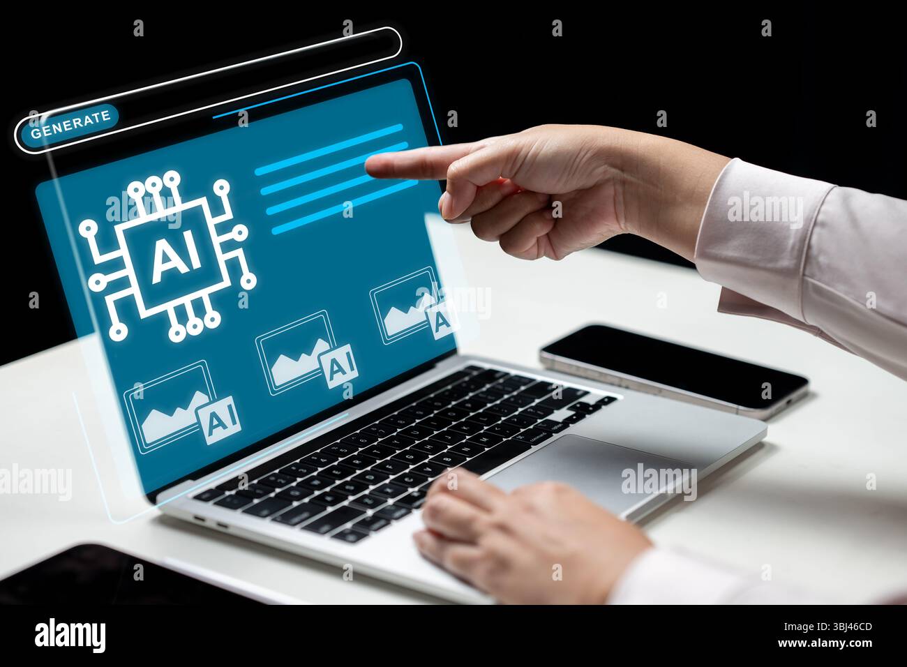 Donna d'affari che mostra un'icona del simbolo dell'IA sullo schermo del notebook. Il tablet e il cellulare sono sulla scrivania. Innovazione tecnologica sul sistema scr virtuale Foto Stock