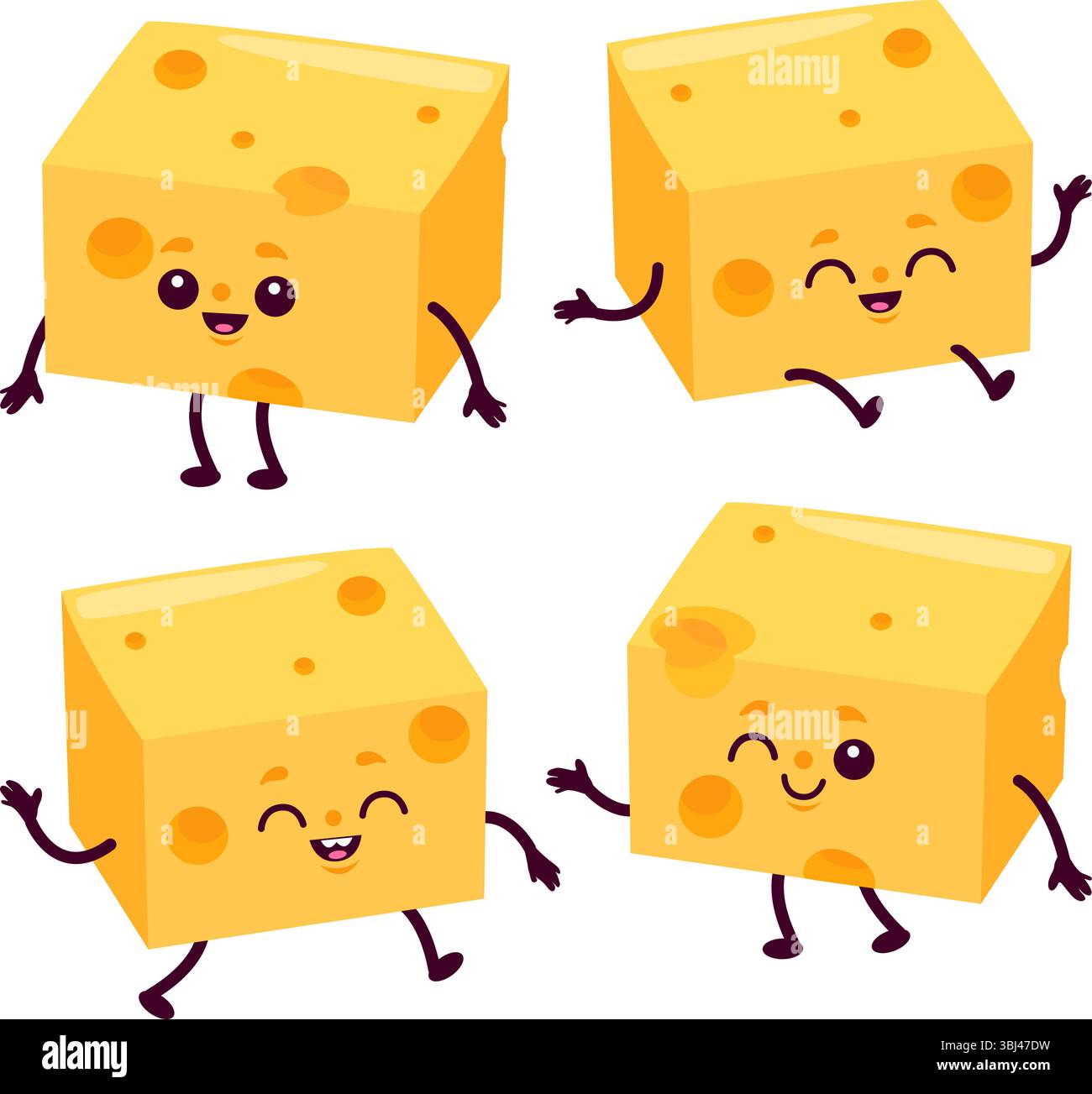 Simpatici personaggi di formaggio tagliati a cubetti. Set di prodotti caseari a cartoni animati, Edam, parmigiano, mozzarella. Raccolta di illustrazioni vettoriali Illustrazione Vettoriale