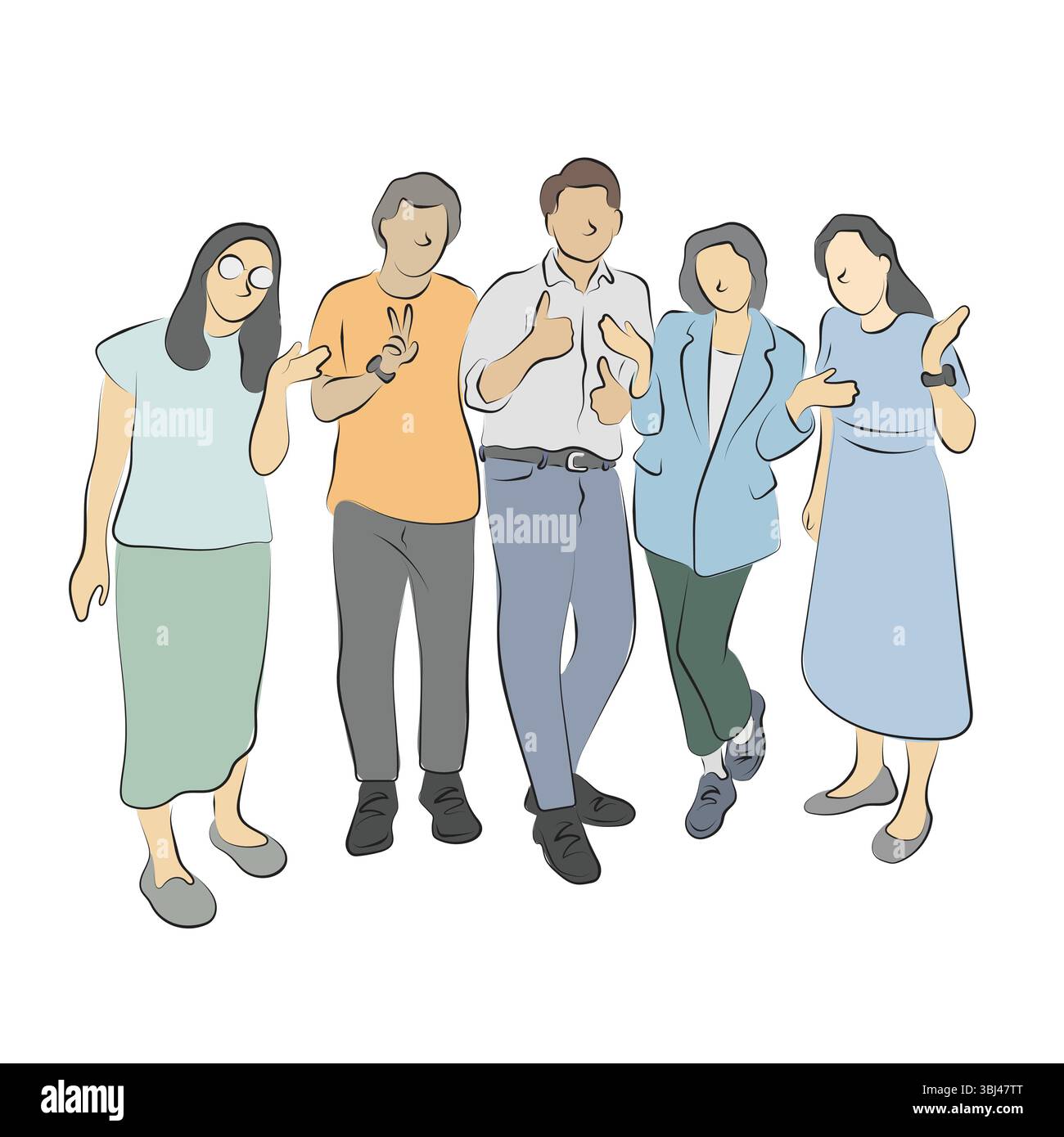 cinque persone in piedi insieme vettore illustrato disegnato a mano con linee nere isolate su sfondo bianco. Illustrazione Vettoriale