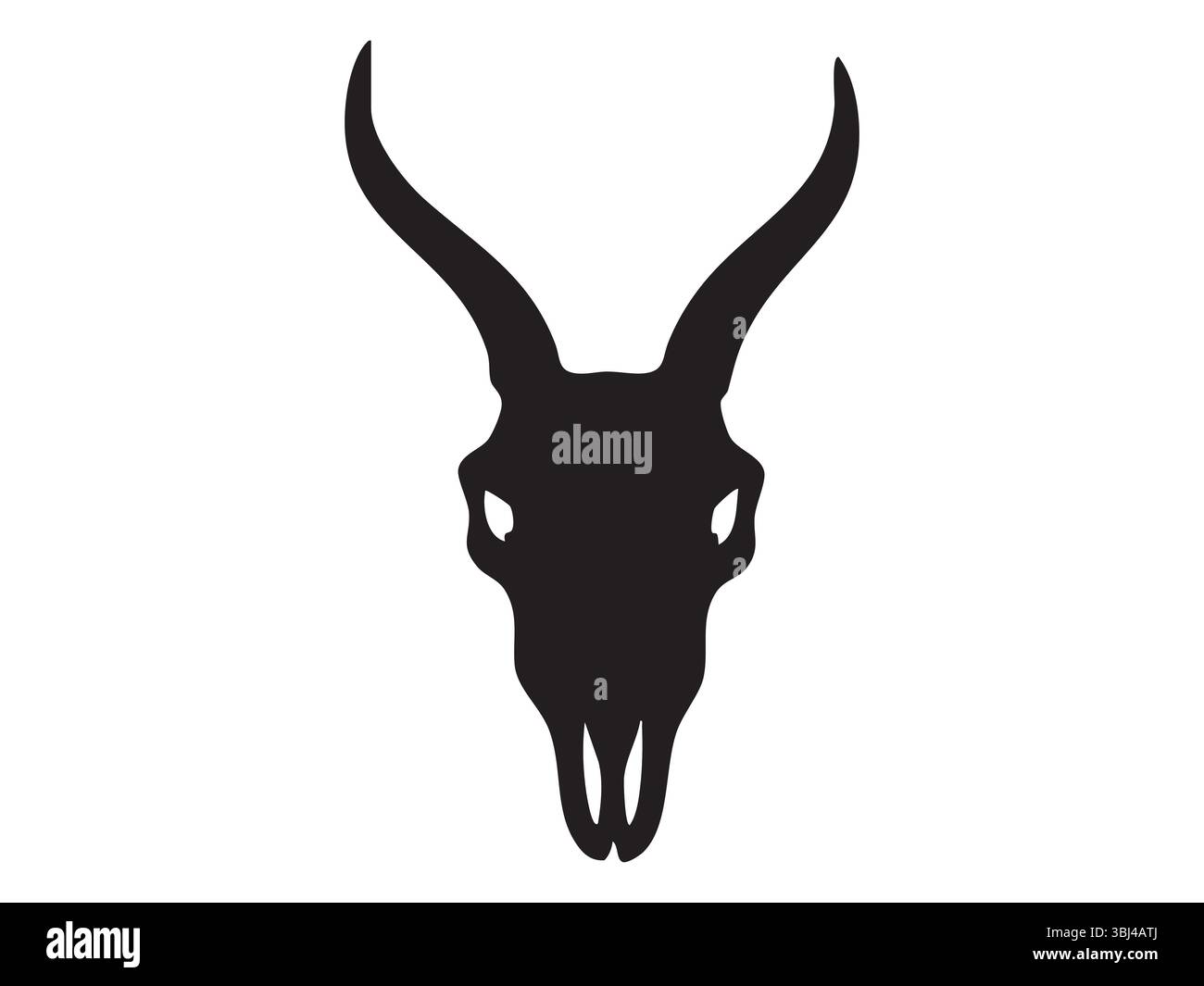 Silhouette nera del cranio di capra con corna curve, isolata su sfondo bianco, illustrazione grafica. Concetto di scheletro di animale selvatico, tatuaggi rustici Illustrazione Vettoriale