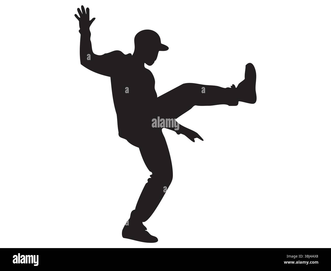 Silhouette nera di un ballerino in posa energica, isolata su sfondo bianco, illustrazione grafica. concetto di movimento, danza, energia, forma umana, Illustrazione Vettoriale