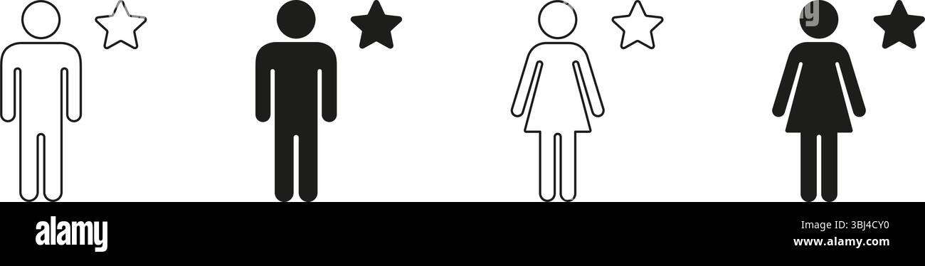 Figure maschili e femminili con set di icone a stella. Rappresentazione del genere e riconoscimento dei risultati, contorno e silhouette Symbol Collection. Icone umane Illustrazione Vettoriale