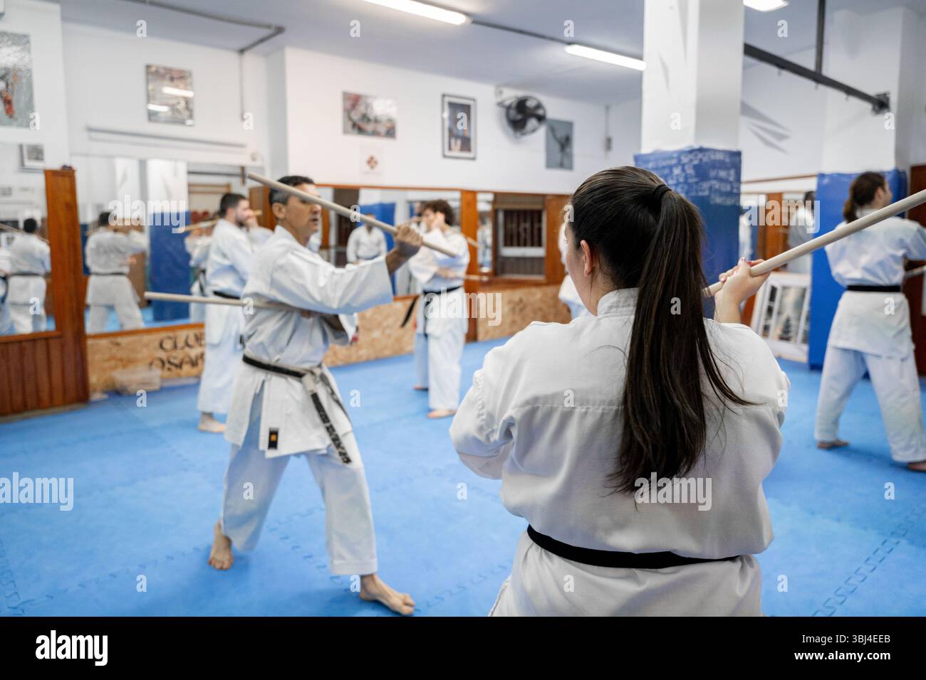 I professionisti del karate imparano le tecniche di autodifesa utilizzando il bokken durante una sessione di allenamento Foto Stock