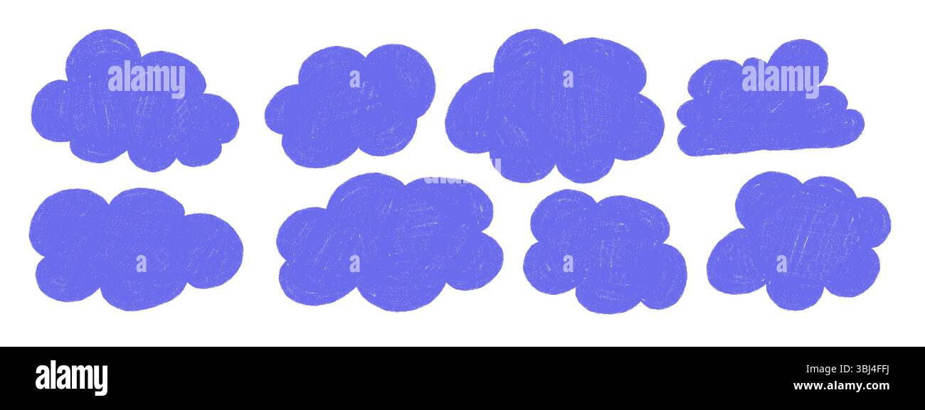 Nuvole disegnate a mano con texture pastello a matita. Set di soffici nuvole per bambini. Illustrazione vettoriale Illustrazione Vettoriale