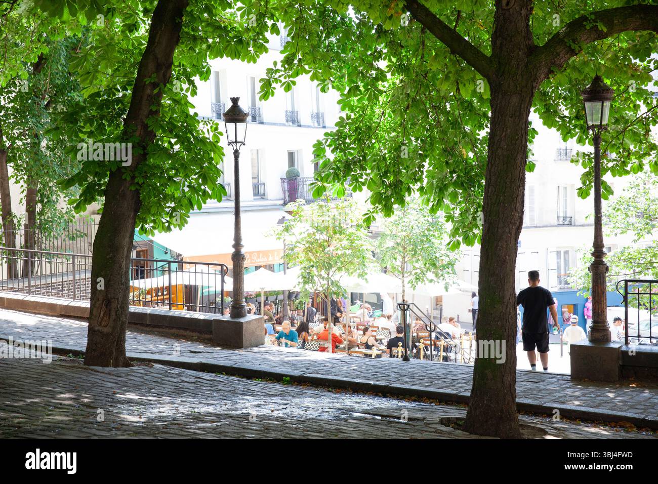 Meteo, Francia. 12 giugno 2025. Mentre Parigi sperimenta un'ondata di caldo, Place Emile Goudeau a Montmartre offre un luogo fresco e ombreggiato per i turisti di passaggio. La piazza una volta ospitava Pablo Picasso. Si prevede che le temperature raggiungano i 32 centigradi prima di raffreddarsi leggermente con temporali durante il fine settimana. Crediti: Anna Watson/Alamy Live News Foto Stock