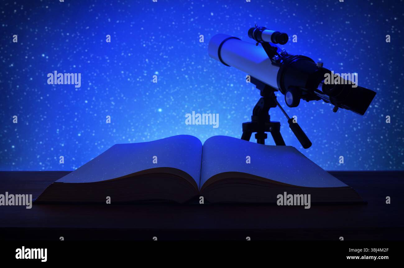 Concetto di studio di stelle e costellazioni con libro aperto su un tavolo di legno al crepuscolo e telescopio che si concentra su un cielo blu pieno di stelle. Vista frontale. Foto Stock