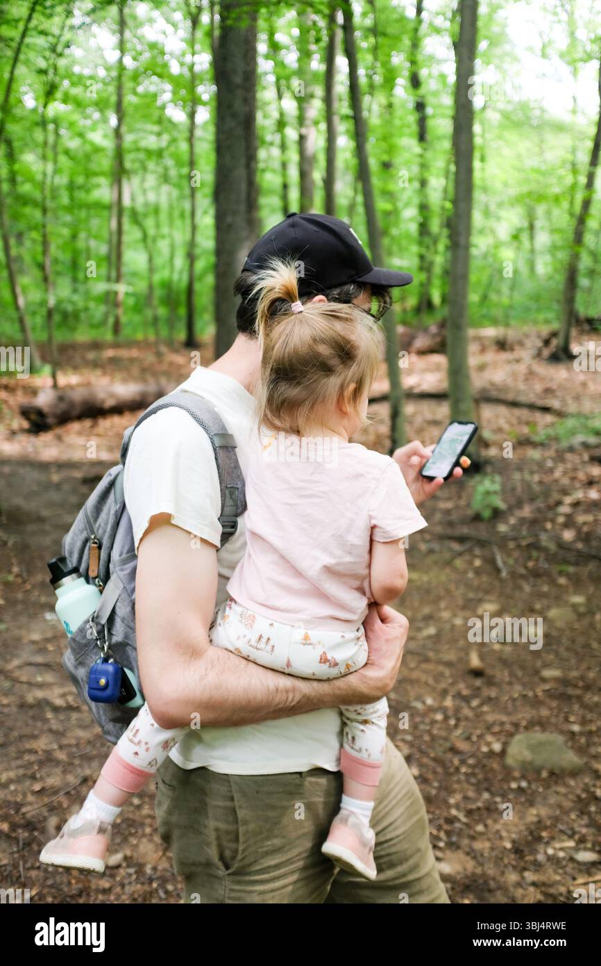 Papà controlla le indicazioni al telefono per il sentiero escursionistico nella foresta Foto Stock