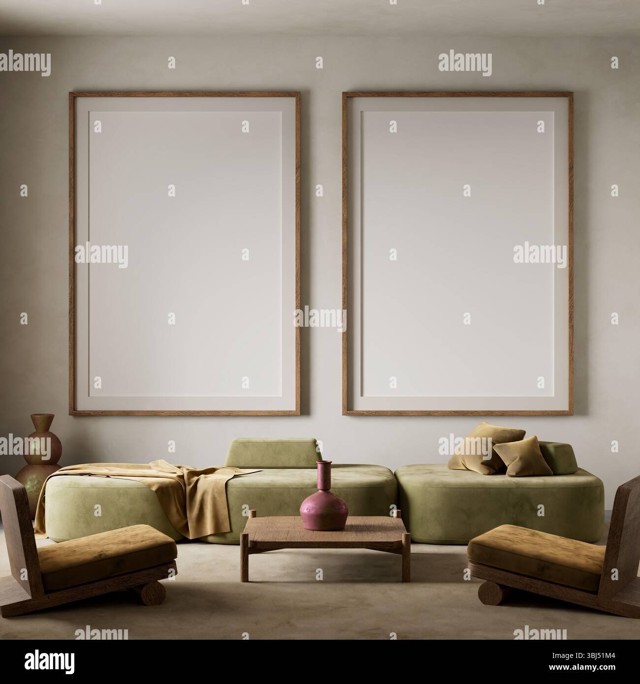 Un soggiorno tranquillo e minimalista caratterizzato da toni terrosi, mobili di basso profilo e luce naturale per un'atmosfera tranquilla e accogliente. Illustrazione 3D. Foto Stock