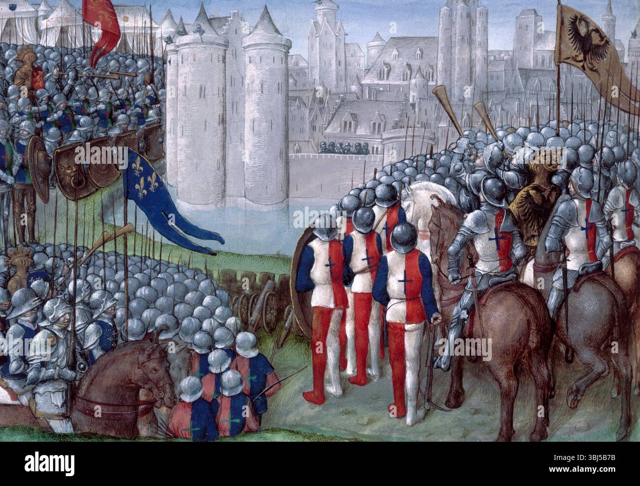 I crociati assediano Damasco, fine XV secolo. Assedio di Damasco durante la seconda crociata del 1148, con gli eserciti del re Baldovino III di Gerusalemme, di destra, dell'imperatore Corrado III di Germania e, in basso a sinistra, del re Luigi VII di Francia. Si concluse con una sconfitta crociata e portò alla disintegrazione della crociata. Illustrazione manoscritta, probabilmente dalla "Chronique d'Ernoul et de Bernard le TR&#xe9;sorier" prodotta a Bruges, o da una traduzione, in francese, della storia latina delle Crociate di Guillelmus, arcivescovo di Tiro (1174-c1190). Foto Stock