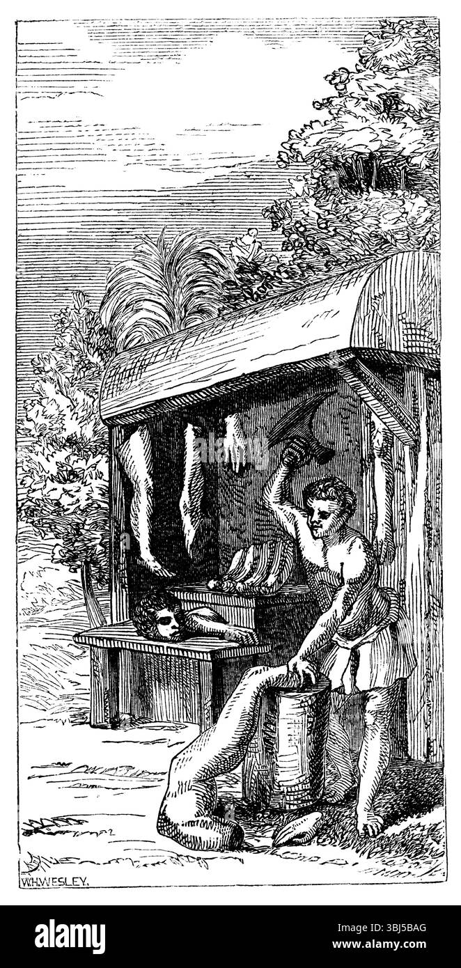 "Butcher's Shop of the Anziques", 1598, (1863). Vendita di carne umana. Incisione di Theodor de Bry che illustra il Regnum Congo di Filippo Pigafetta, che contiene il più antico resoconto conosciuto del cannibalismo nell'Africa centrale. Pubblicato in "Evidence as to man's Place in nature" di Thomas Henry Huxley. [Londra, 1863] Foto Stock