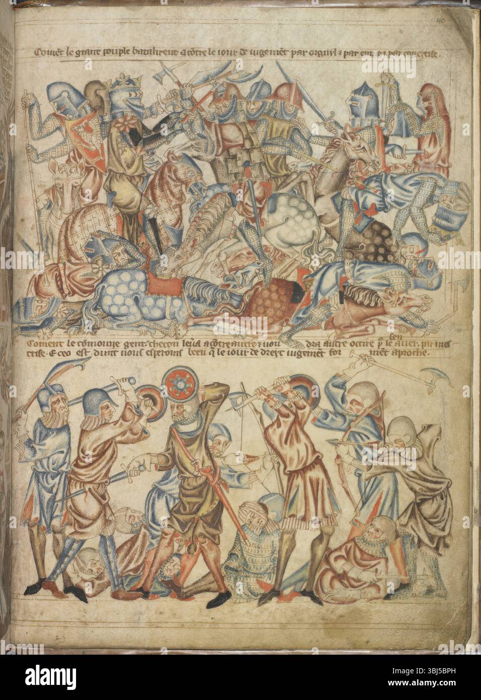 Pari e gente comune in lotta, c1320-1330. Sopra; i pari combattono a cavallo. Indossano un'armatura completa, inclusi bascinetti con grandi visiere mobili; uno porta uno scudo con un wyvern, un altro ha un poleyn a punta sul ginocchio. Il re ha una visiera con una vista grigliata e delle ailette a forma di stella sulle spalle. Le armi sono asce, falchi e spade diritte. Qui sotto, i cittadini comuni si combattono a piedi. La loro armatura è più leggera, compresi i bascinetti senza visiera. Le armi illustrate sono un falchion, un glaive, spade, asce e due archi, con le frecce. Dalla Bibbia di Holkham P. Foto Stock