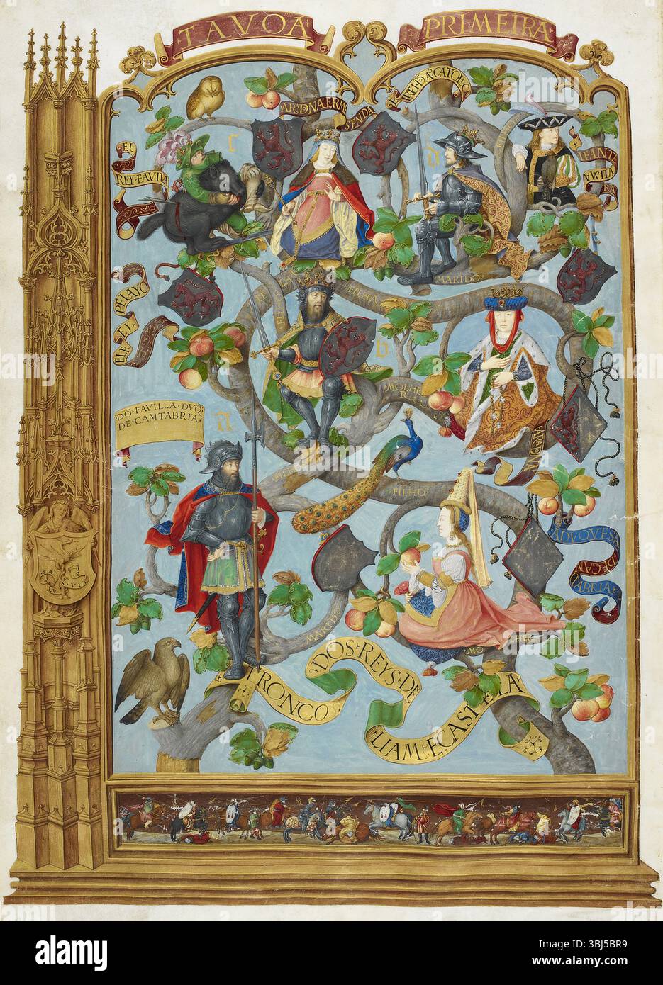 Albero genealogico dei Re di León e Castiglia, 1530-1534. Sul margine è raffigurata una torre della chiesa; ai piedi, la battaglia di Santa Maria de Cobadonga, 718. Da Genealogia dos Reis de Portugal (genealogia dei monarchi del Portogallo). Foto Stock