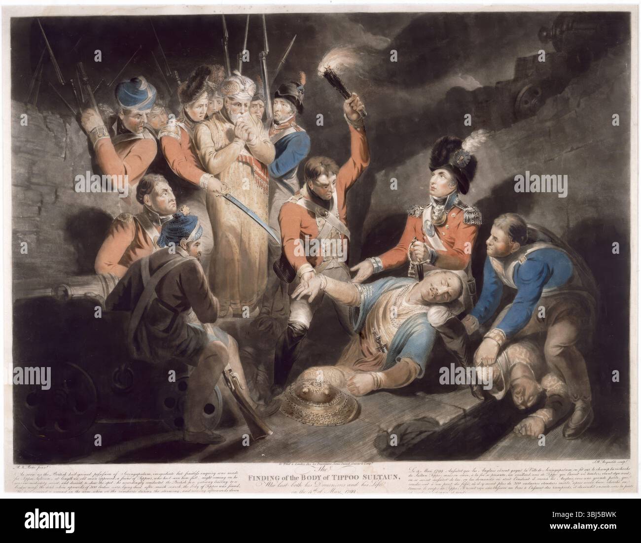 Ritrovamento del corpo di Tippoo Sultan, che perse sia i suoi domini che la sua vita il 4 maggio 1799, (1800). Soldati indiani e britannici si riunirono intorno al corpo del sultano Tipu; un soldato che reggeva una torcia, sollevando il braccio destro di Tipu; cannoni su entrambi i lati Foto Stock