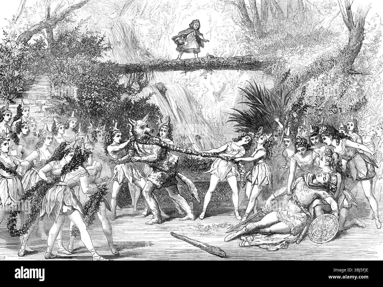 The Christmas pantomimes: Scena da "Cappucccetto Rosso e sua sorella Little Bo-Peep", 1874. Produzione teatrale a Londra. Il signor Charles Rice... ha lottato duramente per convincere il mondo che non ha calcolato male il suo potere nell'intraprendere la condotta del Covent-Garden Theatre... ha pensato che nessuno avrebbe potuto fare il lavoro meglio di se stesso, e ha determinato, in ogni caso, che sarà ben fatto. Red Riding Hood e sua sorella Bo-Peep trovano in lui il loro premio, che li ha arredati con versi e testi che adornano veramente la fiaba, e hanno sparso intorno alla performance un poetico Foto Stock