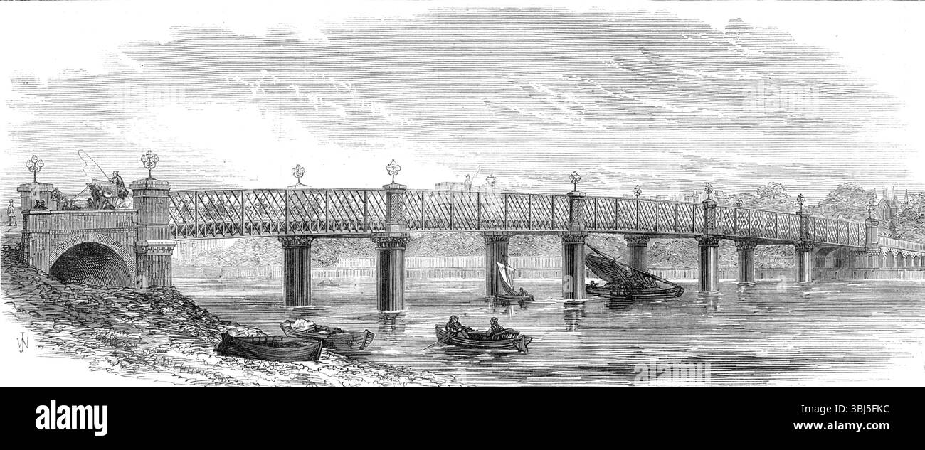 Nuovo ponte sul Tamigi a Wandsworth, [sud di Londra], 1874. "Questo ponte... dà un accesso più diretto a Fulham dalle ferrovie sul lato del Surrey, a Clapham Junction, renderà Fulham un luogo di residenza più conveniente, mentre si unisce a Wandsworth ai sobborghi di Fulham e Chelsea, West Brompton e South Kensington... il ponte si estende attraverso il fiume da cinque campate, supportate da quattro moli di fiume formati da cilindri di ferro battuto e moli di sponde di mattoni di mattoni di mattoni di roccia rossa. Le campate costiere sono ciascuna di 113 piedi. 6 poll. in lunghezza, mentre t Foto Stock