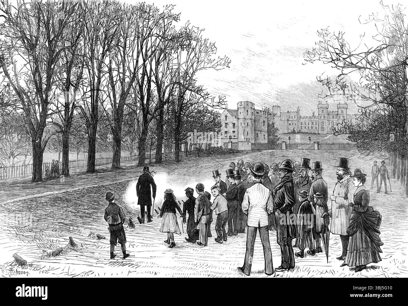 Feste di matrimonio per il Duca di Edimburgo: Saluto nella lunga passeggiata, Windsor Park, 1874. Celebrazioni per celebrare il matrimonio reale della granduchessa Maria Alessandrovna di Russia, e Alfredo, duca di Sassonia-Coburgo e Gotha, figlio della regina Vittoria. 'A Windsor le campane della St. George's Chapel e la chiesa parrocchiale suonarono allegri scorci durante il giorno, la città era coperta di bandiere, e lo standard reale galleggiava dal flagstaff sulla Townhall. I saluti reali furono sparati durante la lunga passeggiata dal Royal Bombardier, e a Fort Belvedere e a Virginia Water. Alla St. George's Chapel, nell'afte Foto Stock