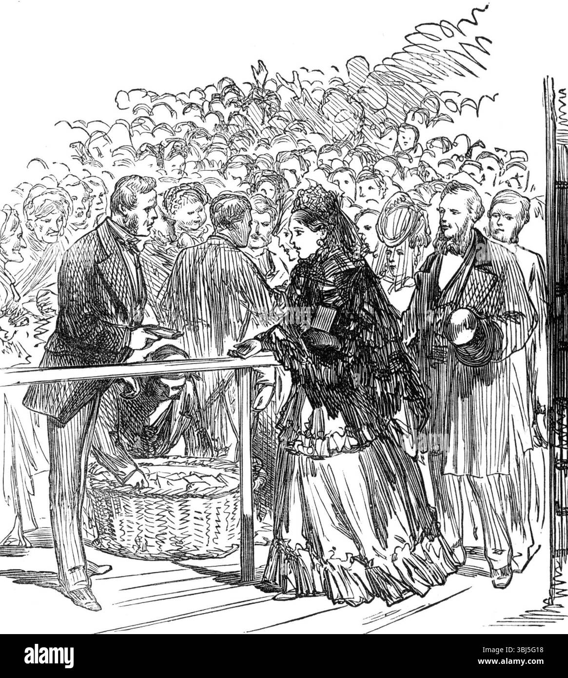 The Royal Marriage: Distribuzione di bride-cake a Edimburgo, 1874. La torta nuziale viene donata per celebrare il matrimonio della granduchessa Maria Alessandrovna di Russia e Alfredo, duca di Sassonia-Coburgo e Gotha, figlio della regina Vittoria. Da "Illustrated London News", 1874. Foto Stock