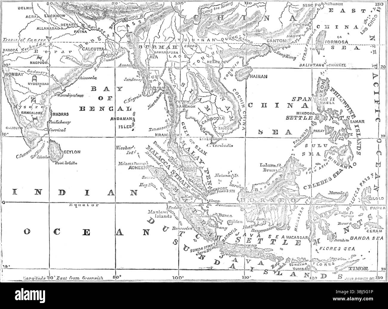 Mappa dello stretto di Malacca, 1874. "Il governo olandese è ora impegnato in una guerra contro il Sultano di Acheen [Aceh], che è uno Stato malese Mohammedan all'estremità settentrionale della grande isola di Sumatra...lo stretto di Malacca...è il passaggio marittimo tra la penisola malese e l'isola di Sumatra...la maggior parte delle coste dell'isola di fronte a Malacca non appartiene ad Acheen, ma a diversi stati meschini...i possedimenti olandesi a Sumatra...[consistono delle cinque reggenze di Pampang, Padang, Pampong, Pampong, Bencoolang e Ayer Banghis, incluso il porto di Baroos. Da t Foto Stock