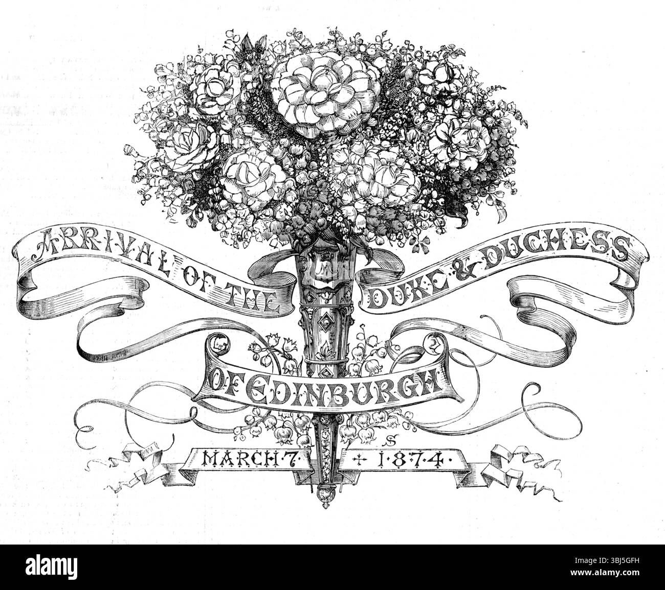 Arrivo del duca e della duchessa di Edimburgo, 7 marzo 1874. Disegno di un bouquet con pergamene per celebrare il matrimonio del principe Alfredo, duca di Sassonia-Coburgo e Gotha, e della granduchessa Maria Alessandrovna di Russia. Da "Illustrated London News", 1874. Foto Stock