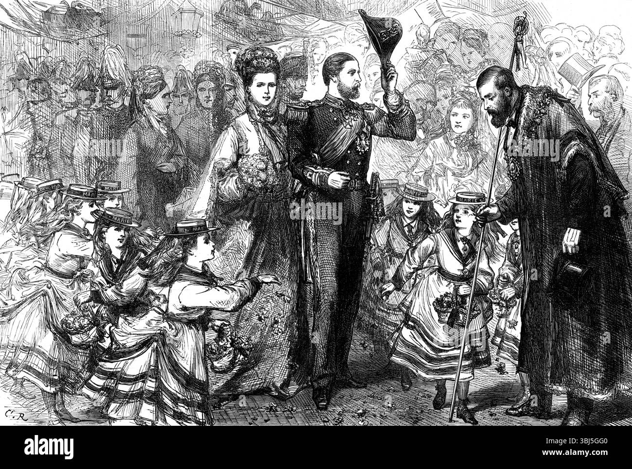 Fiorisce davanti al duca e alla duchessa di Edimburgo a Gravesend, 1874. Le bambine spargono le nevi per segnare l'arrivo in Inghilterra di Alfredo, Duca di Sassonia-Coburgo e Gotha, con la sua nuova sposa, la Granduchessa Maria Alessandrovna di Russia. "...il duca e la duchessa furono incontrati dal sindaco... sua altezza imperiale era vestita con un mantello di velluto viola bordato di pelliccia, un abito di seta blu pallido e cofano bianco". Da "Illustrated London News", 1874. Foto Stock