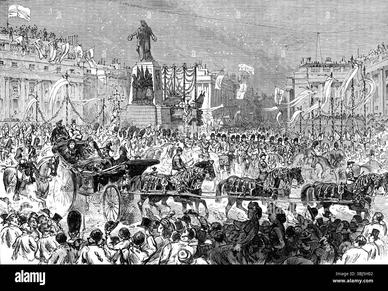 Ingresso reale a Londra: La processione passando per il Guards Memorial, Waterloo-Place, 1874. Alfredo, duca di Sassonia-Coburgo e Gotha, con la sua nuova sposa, la granduchessa Maria Alessandrovna di Russia, procederà attraverso la capitale. "L'ingresso di stato di sua Maestà la Regina e delle loro altezza reali il Duca e la Granduchessa di Edimburgo a Londra il giovedì settimana è oggetto della nostra illustrazione. Fu un evento che tutti i ranghi e le classi del popolo di sua Maestà consideravano con così affettuoso interesse come hanno sempre provato nella felicità domestica della famiglia reale, ora aumentata Foto Stock