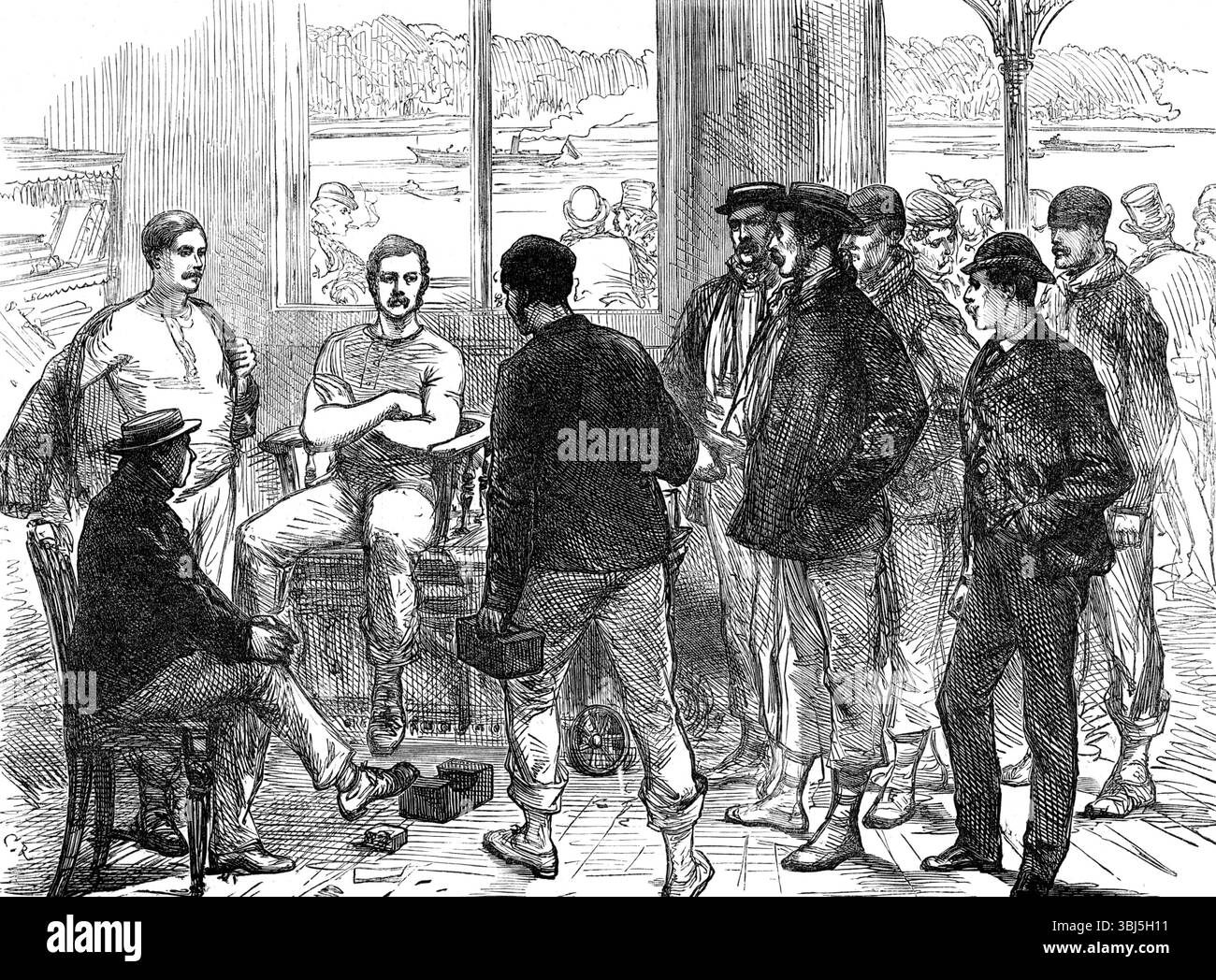 La gara di barche delle università sul Tamigi: Pesare l'equipaggio, 1874. "Il concorso annuale dei club nautici dell'Università di Oxford e Cambridge sul Tamigi tra Putney e Mortlake [a Londra]...gli equipaggi rivali si sono esercitati giorno dopo giorno, e la loro performance è stata osservata da migliaia di osservatori critici sulle rive del fiume. La nostra illustrazione rappresenta la scena della solita pesatura degli uomini che maneggiano un reo. Da "Illustrated London News", 1874. Foto Stock