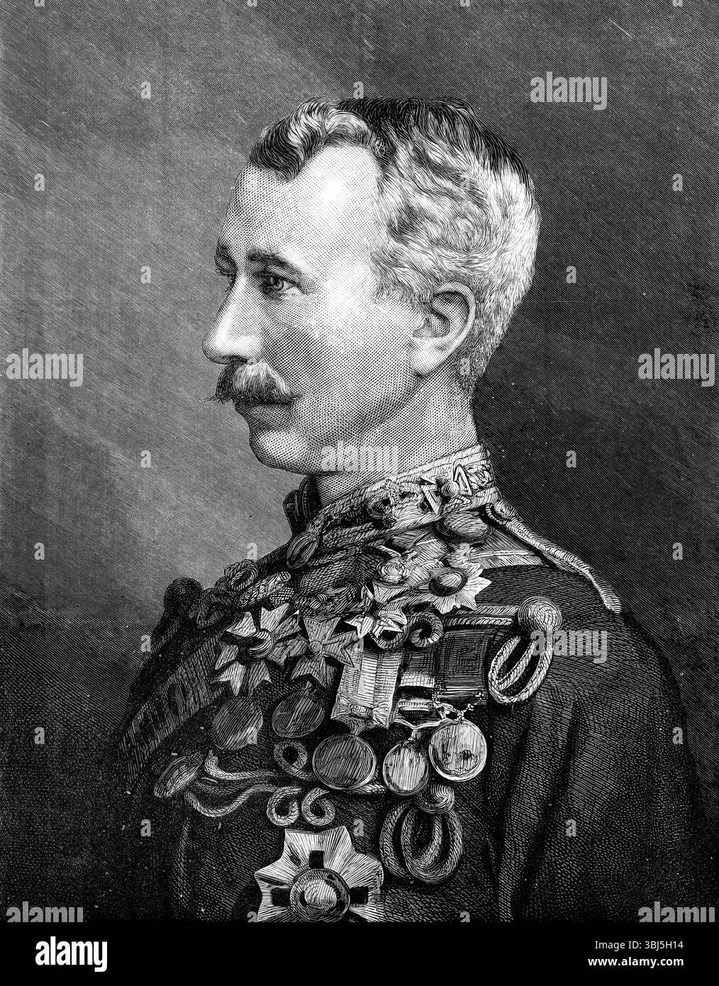 Maggiore generale Sir Garnet Joseph Wolseley, K.C.M.G., C.B., 1874. Incisione da una fotografia scattata dai signori Window e Bridge, "prima della sua partenza per la Gold Coast (non indossava poi la barba)". Maggiore generale Sir Garnet Joseph Wolseley, K.C.M.G., C.B., 1874. Feldmaresciallo Garnet Joseph Wolseley, i visconte Wolseley (1833-1913), fu un ufficiale anglo-irlandese dell'esercito britannico. Divenne uno dei generali britannici più influenti dopo una serie di vittorie in Canada, Africa occidentale ed Egitto. Da "Illustrated London News", 1874. Foto Stock