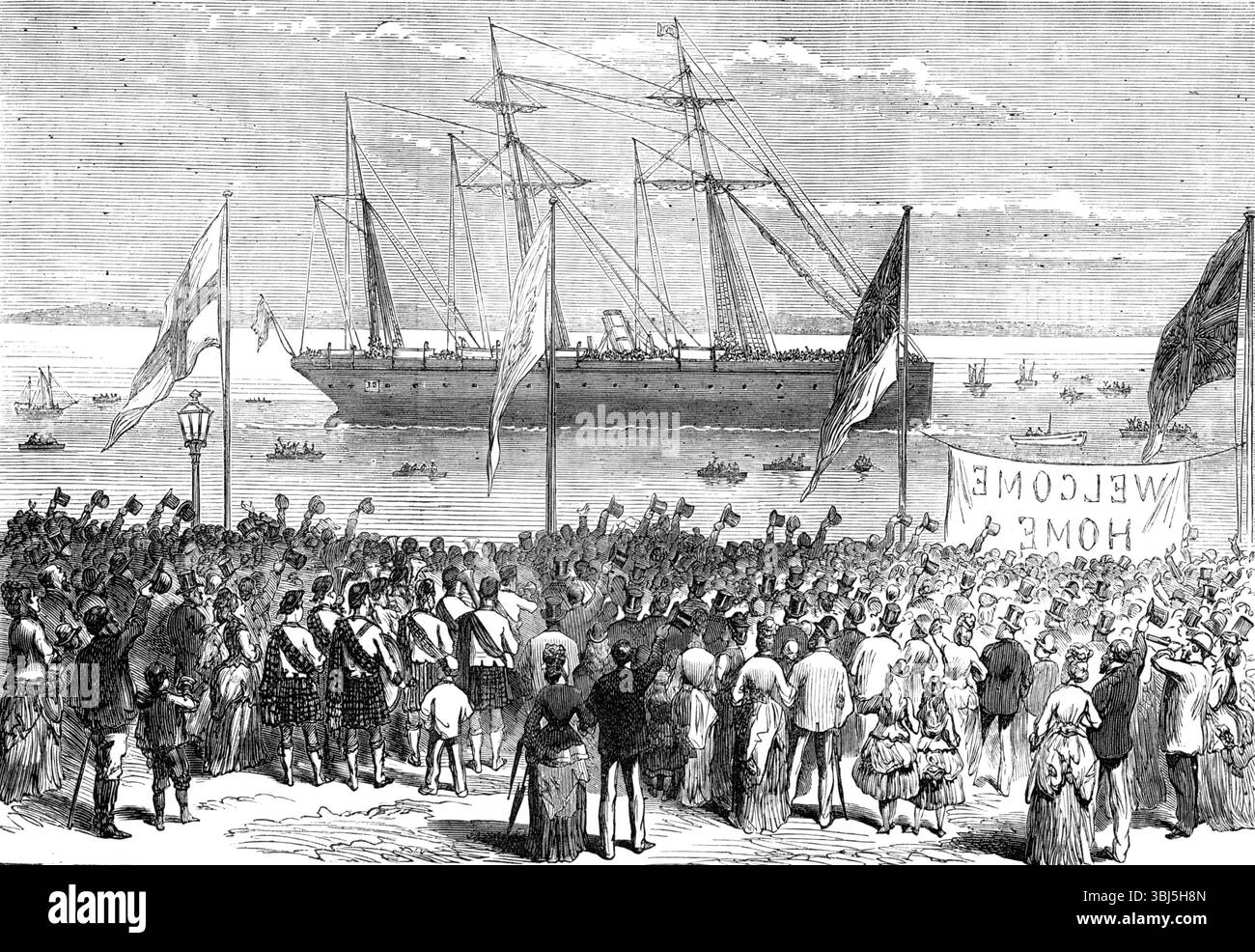 Ritorno delle truppe dalla guerra di garanzia: Arrivo dei Sarmati con il 42° - la prima nota di benvenuto, 1874. Terza guerra anglo-Ashanti. Il famoso "Black Watch", il 42° Royal Highlanders, arrivò a Portsmouth nel Sarmato, lunedì alle undici nel forenoon. Gli ufficiali e gli uomini che ritornano hanno un numero di 530, sotto il tenente colonnello M'Leod, C.B., con i maggiori Duncan Macpherson ed E. C. Scott. Con questi arrivarono il generale di brigata Sir Archibald Alison, Major Home, R.E., e diversi altri ufficiali; il Sarmatian portò anche quaranta uomini del corpo di servizio dell'esercito. Il loro ricevimento Foto Stock