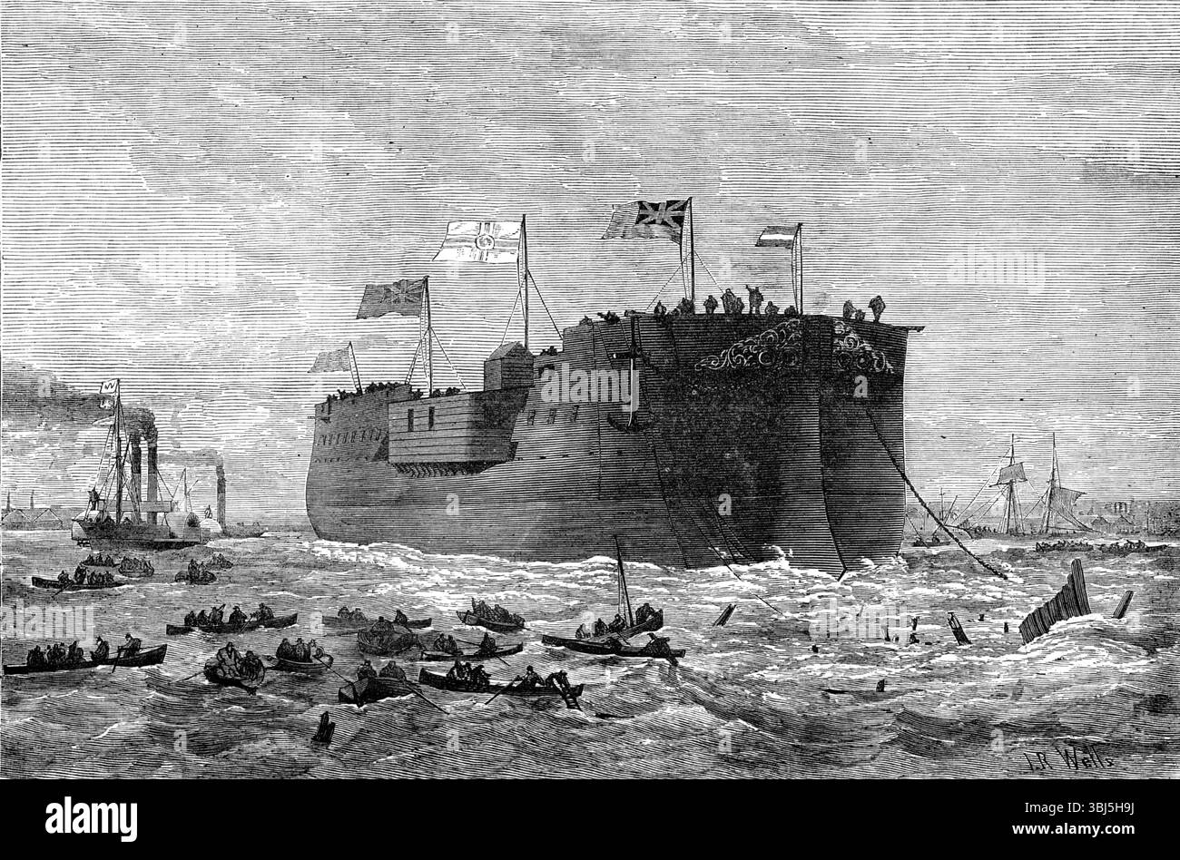 Lancio della fregata tedesca Kaiser a Poplar, 1874. Una "...potente nave da guerra, costruita dal signor J. D. Samuda, M.P., della ditta Samuda Brothers, per il governo imperiale della Germania...[She] fu progettata dal signor E. J. Reed, ultimo capo costruttore dell'Ammiragliato... lo scafo è protetto da una cintura corazzata..., con una batteria corazzata sul ponte principale montata per contenere otto cannoni a carica di petto in acciaio da 22 tonnellate. Sono disposti a sparare bordate; ma i due cannoni principali, uno su ciascun lato, sono anche adattati per l'uso come chaser di prua, e in grado di essere addestrati a fuoco incrociato prima della nave; Th Foto Stock