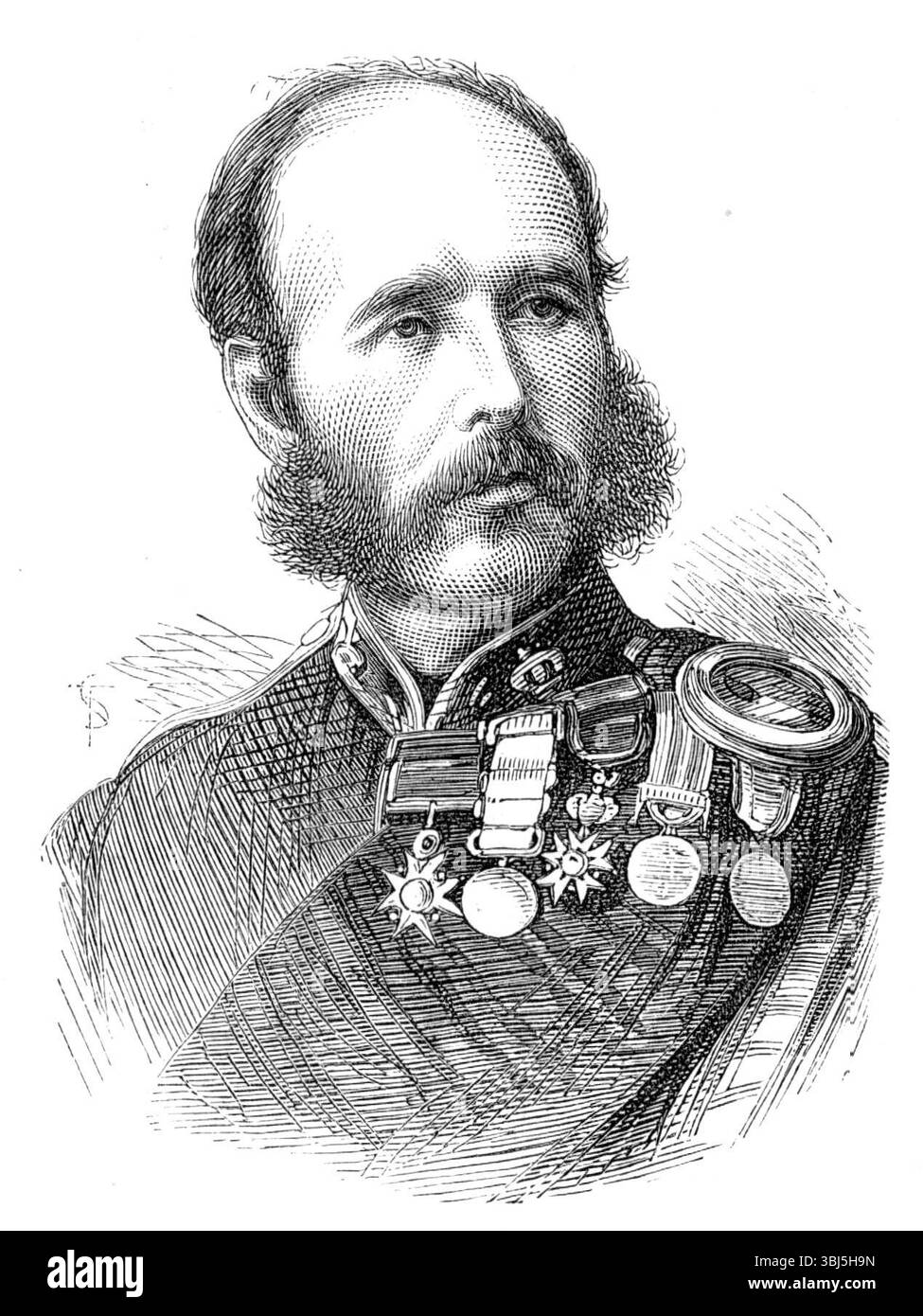 Colonnello Sir J. C. M'Leod, K.C.B., 42nd Highlanders, 1874. Incisione da una fotografia dei signori Elliott e Fry. 'Sua Maestà ha conferito un cavalierato al colonnello John Chetham M'Leod, l'ufficiale comandante del 42nd Royal Highlanders, la "Black Watch", nella Ashantee War...He...commanded l'attacco a sinistra nella battaglia di Amoaful, il 31 gennaio, la spedizione a Becqua e la distruzione di quel luogo... in seguito, con il 42nd Royal Highlanders, un cannone e un distaccamento razzo, forzarono la posizione; e, premendo i fuggitivi con gli Highlanders, entrarono a Coomassie [ie Kumasi] th Foto Stock