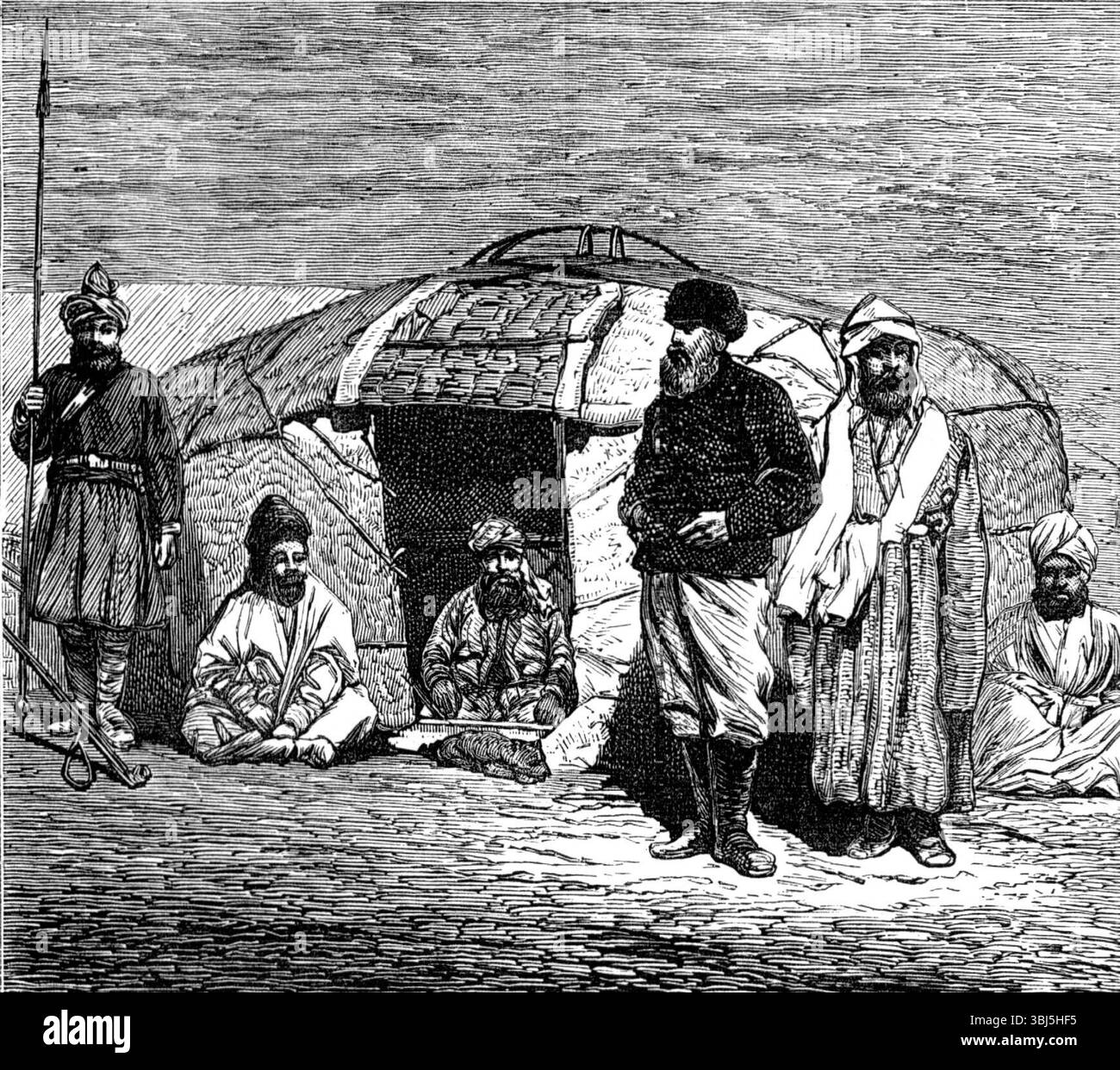La missione a Yarkund e Kashgar: Divan fumatori dei viaggiatori in una tenda Kirghiz, 1874. "Oltre alla tenda in cui alloggiavano ogni giorno nell'accampamento, avevano l'akoe dei loro seguaci kirghisi, in cui i signori si sedevano a fumare una pipa silenziosa, dopo cena o cena. Questo akoe... è qualcosa tra una tenda e una capanna. È rotonda, con un tetto a cupola bassa, con un foro in cima per il camino. La parete è costituita da bacchette di salice, così interlacciate che possono essere aperte come struttura in vimini o piegate insieme per il trasporto. Il tetto e' di lunghe aste, che si trovano sulla sommità del muro, che incontrano un Foto Stock