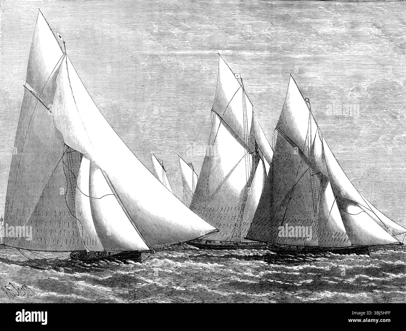 Channel Match del Royal London Yacht Club da dover a Southend: yachts Passing the Goodwin Light-Ship, 1874. La prima partita del Royal London Yacht Club è stata salpata giovedì settimana. Si è trattato di un "incontro oceanico" - vale a dire, in mare aperto intorno alle Forelands del Kent...dopo aver superato la nave faro alla South Sand Head, i cambiamenti del vento hanno dato molto da fare nell'alterare le vele più piccole, e gli yacht sono rimasti in piedi per circa un'ora...alla deriva e navigando a turno, gli yacht si sono lentamente fatti strada, prima una e poi un'altra prendendo il comando, fino alle cinque circa, quando a Foto Stock