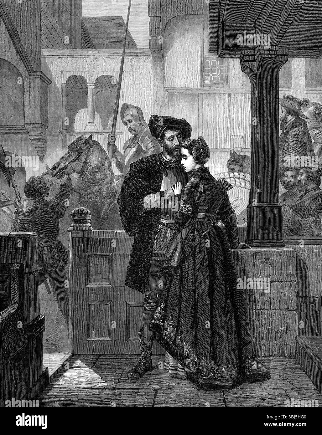 "The Parting", di Wilhelm Roller, 1874. Incisione di un dipinto, raffigurante '...una scena che potrebbe appartenere ad una dolce storia d'amore dell'antica cavalleria tedesca... il vero e fedele cavaliere, un virtuoso servo di servizio pubblico, sta per partire per le guerre, nel puro spirito di un devoto crociato. Il suo cavallo è tenuto da una pagina all'esterno, dove i compagni e i seguaci del suo viaggio marziale aspettano la sua uscita. Una tenera, ma risoluta e allegra, parola di addio deve essere pronunciata alla moglie in lutto prima che lasci la casa. Ha cercato di consolarla e di farle un esame Foto Stock