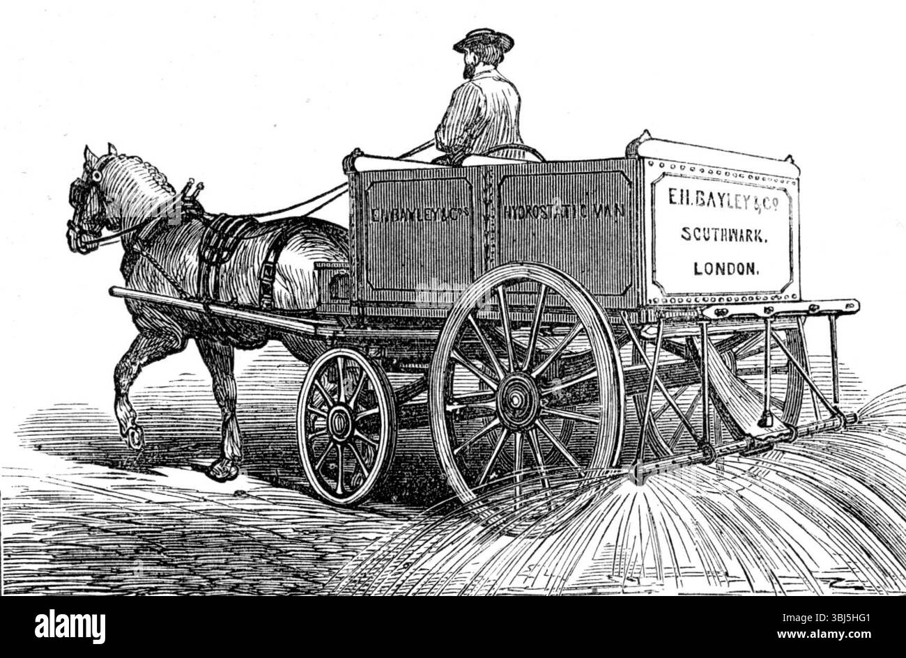 Nuovo furgone idrostatico per l'irrigazione stradale, progettato e brevettato da E. H. Bayley, della Steam Wheelworks, 1874. "L'irrigazione delle strade di Londra è un'opera di maggiore importanza di quanto si possa generalmente supporre... per posare efficacemente la polvere, circa 30.000 tonnellate di acqua devono essere distribuite sulle strade ogni giorno asciutto...l'inalazione di polvere, ... mescolata come è con i rifiuti in decomposizione di materia animale e vegetale, è più dannosa per la salute. Gli odori sgradevoli di cui ora si lamentano gli abitanti di Belgravia sono dimostrati non provenienti dalle fognature, come inizialmente si suppone, ma da Th Foto Stock