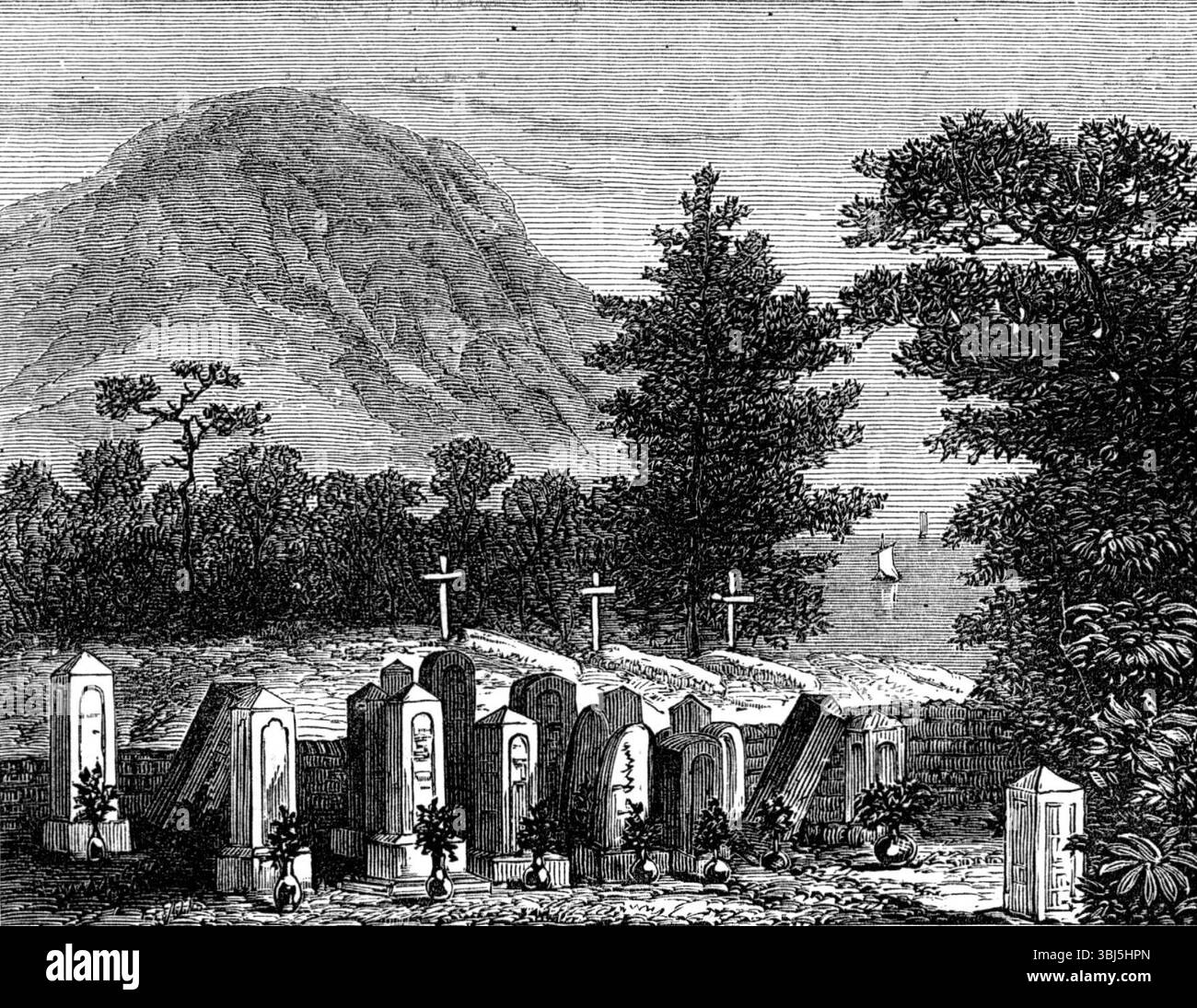 Il cimitero giapponese di Iruma, 1874. "Il naufragio del piroscafo per posta francese Nil, ... sulle coste del Giappone, con la perdita di 88 vite, è stato menzionato tra i disastri marittimi di quest'anno. Siamo obbligati al signor G. Cullen Pearson, di Yokohama, uno degli studi di Pearson e Laurence, per due bozzetti, presi qualche giorno dopo questa disgrazia, in cui il suo partner, il signor Sydney Laurence, era tra i perduti... Lo schizzo mostra il cimitero nativo adiacente al tempio di Iruma, dove tutti i corpi lavati a riva sono stati sepolti con decenza e rispetto. Niente può superare la gentilezza Foto Stock