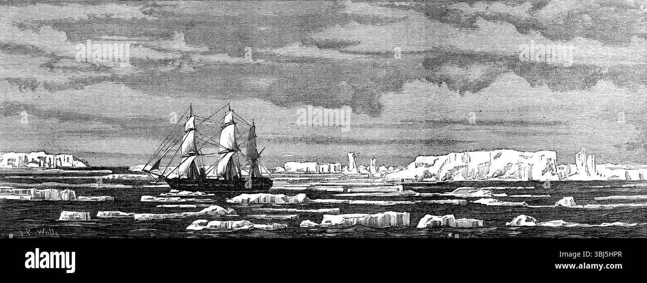 H.M.S. Challenger tra gli iceberg, 1874. Incisione da uno schizzo del tenente Pelham Aldrich, R.N., che illustra "...il viaggio di H.M.S. Challenger nel grande Oceano meridionale, oltre l'Oceano Indiano verso l'Antartico. I nostri lettori sono stati informati degli oggetti, degli appuntamenti personali e delle attrezzature di questa spedizione, che si è svolta un anno e mezzo fa, per condurre una serie di esplorazioni scientifiche... durante circa quattordici giorni [a metà febbraio scorso], tra il 64° e il 53° gradi di latitudine di S., e in longitudine da 80°. E. a 110 gradi, prima di passare ad un Austr Foto Stock