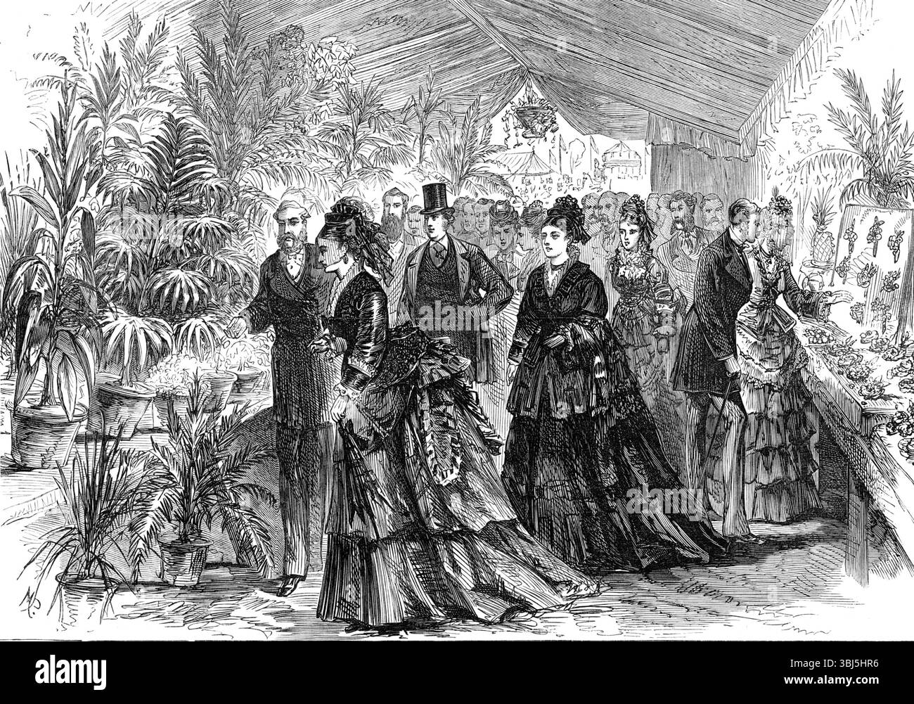 Principessa Luisa alla mostra di fiori nel People's Garden, Willesden, [nord di Londra], 1874. Questo popolare terreno di svago è vicino alla stazione di Willesden Junction della London and North-Western, West London e Hampstead Junction Railways. È stato acquisito e adornato dall'agenzia di un club cooperativo... che può essere aperto a tutti, l'acquisto delle azioni può essere pagato con rate di ventuno penny al mese, il possesso di una quota di venti scellini in valore necessario per costituire l'adesione; i candidati all'adesione devono essere proposti dai soci. Un membro può solo in Foto Stock